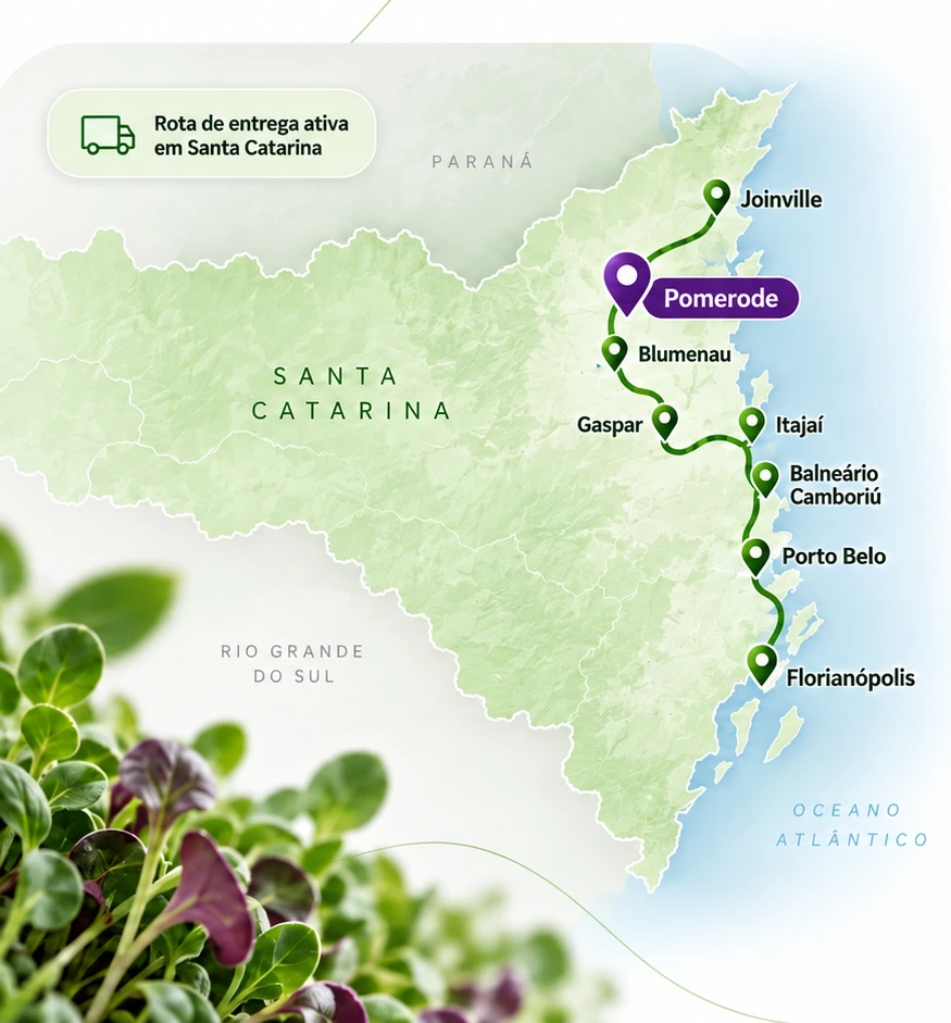 Mapa da rota BibiGreens em Santa Catarina, de Joinville a Florianópolis, com origem em Pomerode